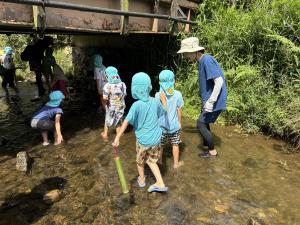 橋の下でカニを探す